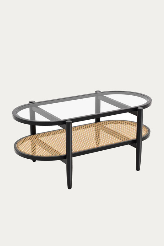 JOVIE COFFEE TABLE WITH TEMPERED GLASS AND NATURAL CANE