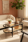JOVIE COFFEE TABLE WITH TEMPERED GLASS AND NATURAL CANE