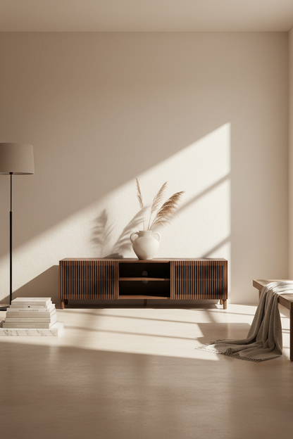 KIRA TV STAND IN OAK VENEER AND SOLID OAK WOOD WITH WALNUT FINISH