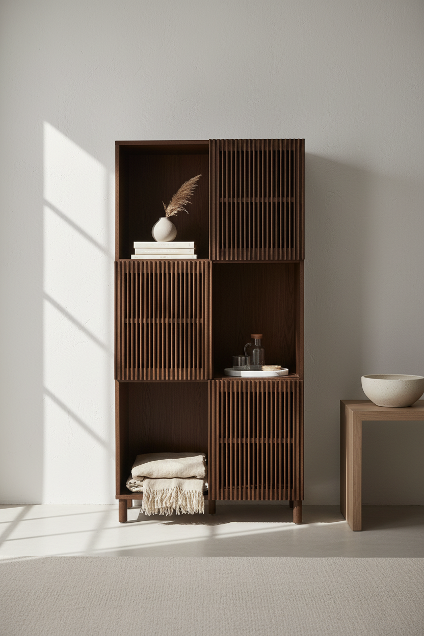 KIRA SHELF UNIT IN OAK VENEER AND SOLID OAK WOOD WITH WALNUT FINISH