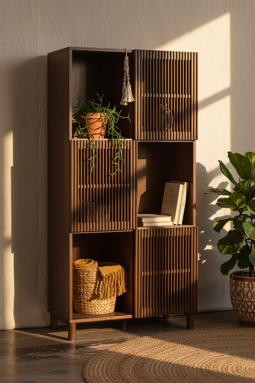 KIRA SHELF UNIT IN OAK VENEER AND SOLID OAK WOOD WITH WALNUT FINISH