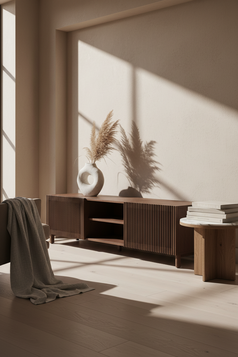 KIRA TV STAND IN OAK VENEER AND SOLID OAK WOOD WITH WALNUT FINISH