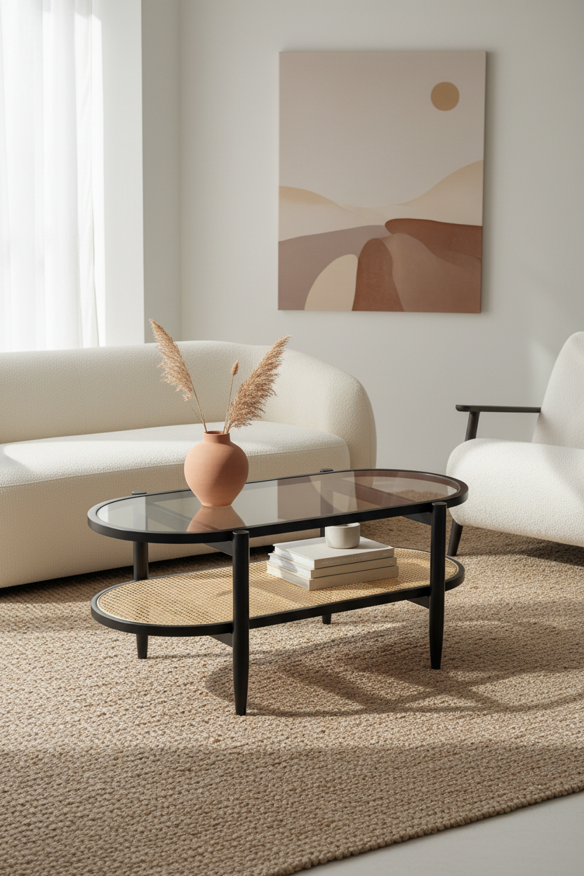 JOVIE COFFEE TABLE WITH TEMPERED GLASS AND NATURAL CANE