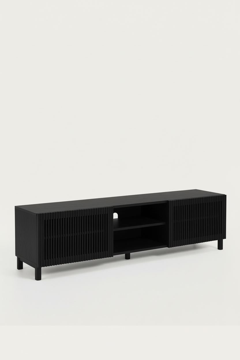 KIRA 2-DOOR TV STAND IN BLACK SOLID OAK WOOD AND OAK VENEER