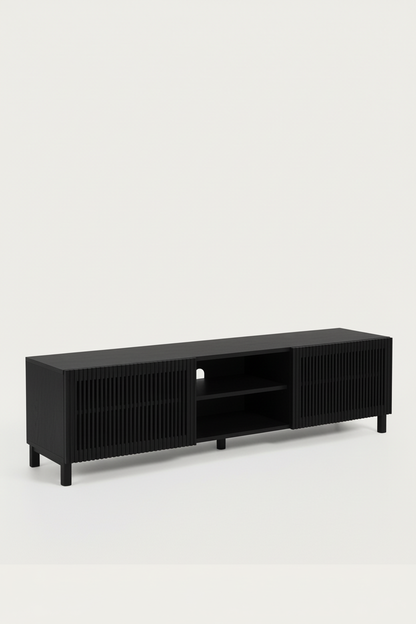 KIRA 2-DOOR TV STAND IN BLACK SOLID OAK WOOD AND OAK VENEER