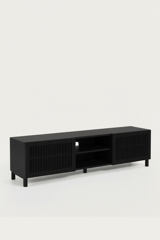 KIRA 2-DOOR TV STAND IN BLACK SOLID OAK WOOD AND OAK VENEER