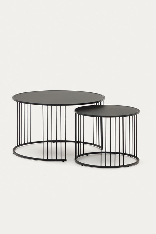 KARA SET OF 2 TEMPERED GLASS & METAL SIDE TABLES WITH MATTE BLACK FINISH