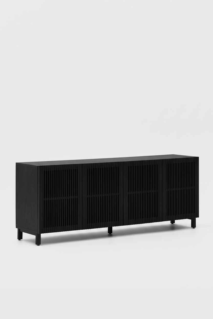 KIRA 4-DOOR SIDEBOARD IN BLACK SOLID OAK WOOD AND OAK VENEER