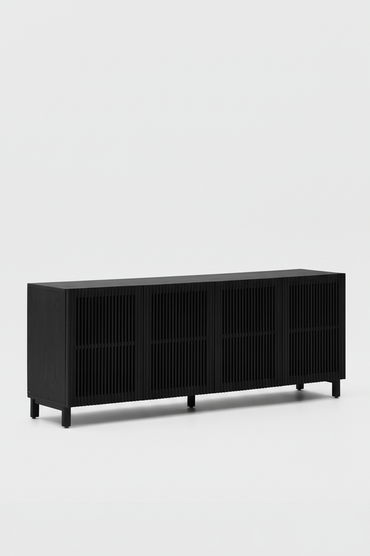 KIRA 4-DOOR SIDEBOARD IN BLACK SOLID OAK WOOD AND OAK VENEER