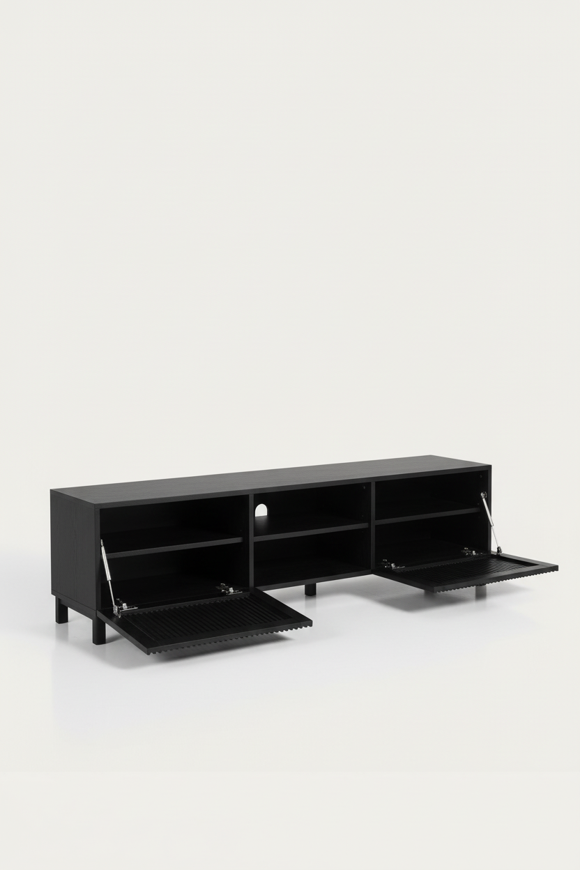 KIRA 2-DOOR TV STAND IN BLACK SOLID OAK WOOD AND OAK VENEER