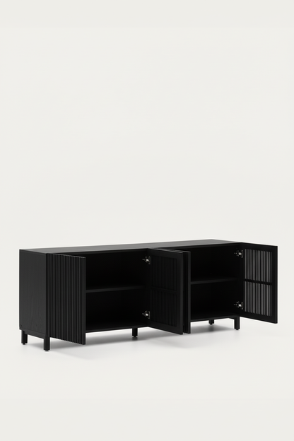 KIRA 4-DOOR SIDEBOARD IN BLACK SOLID OAK WOOD AND OAK VENEER