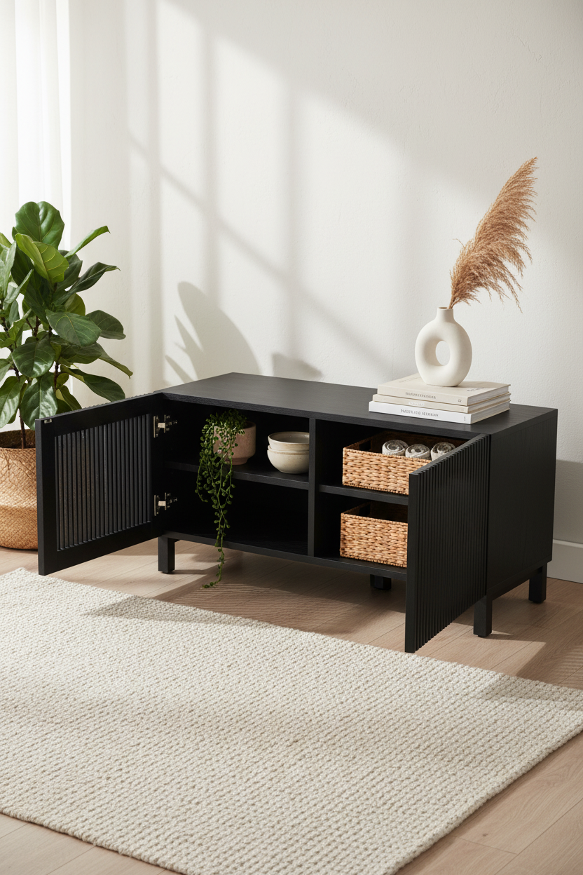 KIRA 2-DOOR SHOE RACK IN BLACK SOLID OAK WOOD AND OAK VENEER