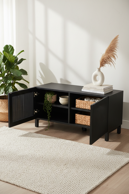 KIRA 2-DOOR SHOE RACK IN BLACK SOLID OAK WOOD AND OAK VENEER