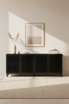 KIRA 4-DOOR SIDEBOARD IN BLACK SOLID OAK WOOD AND OAK VENEER