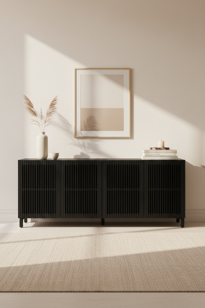 KIRA 4-DOOR SIDEBOARD IN BLACK SOLID OAK WOOD AND OAK VENEER