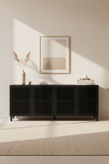 KIRA 4-DOOR SIDEBOARD IN BLACK SOLID OAK WOOD AND OAK VENEER