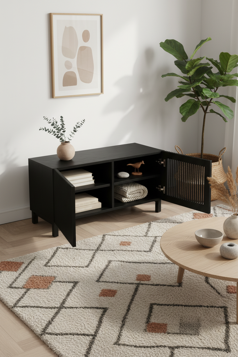 KIRA 2-DOOR SHOE RACK IN BLACK SOLID OAK WOOD AND OAK VENEER