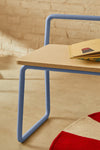 VERA ASH VENEER BENCH WITH A BLUE METAL STRUCTURE