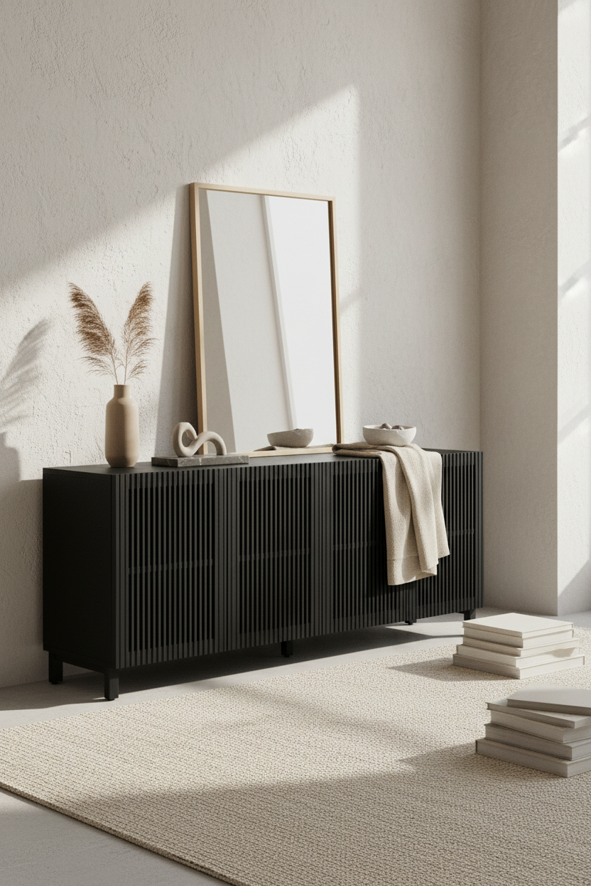 KIRA 4-DOOR SIDEBOARD IN BLACK SOLID OAK WOOD AND OAK VENEER