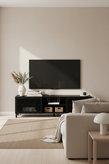 KIRA 2-DOOR TV STAND IN BLACK SOLID OAK WOOD AND OAK VENEER