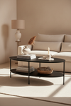 NOVA TEMPERED GLASS AND METAL COFFEE TABLE WITH A MATTE BLACK FINISH