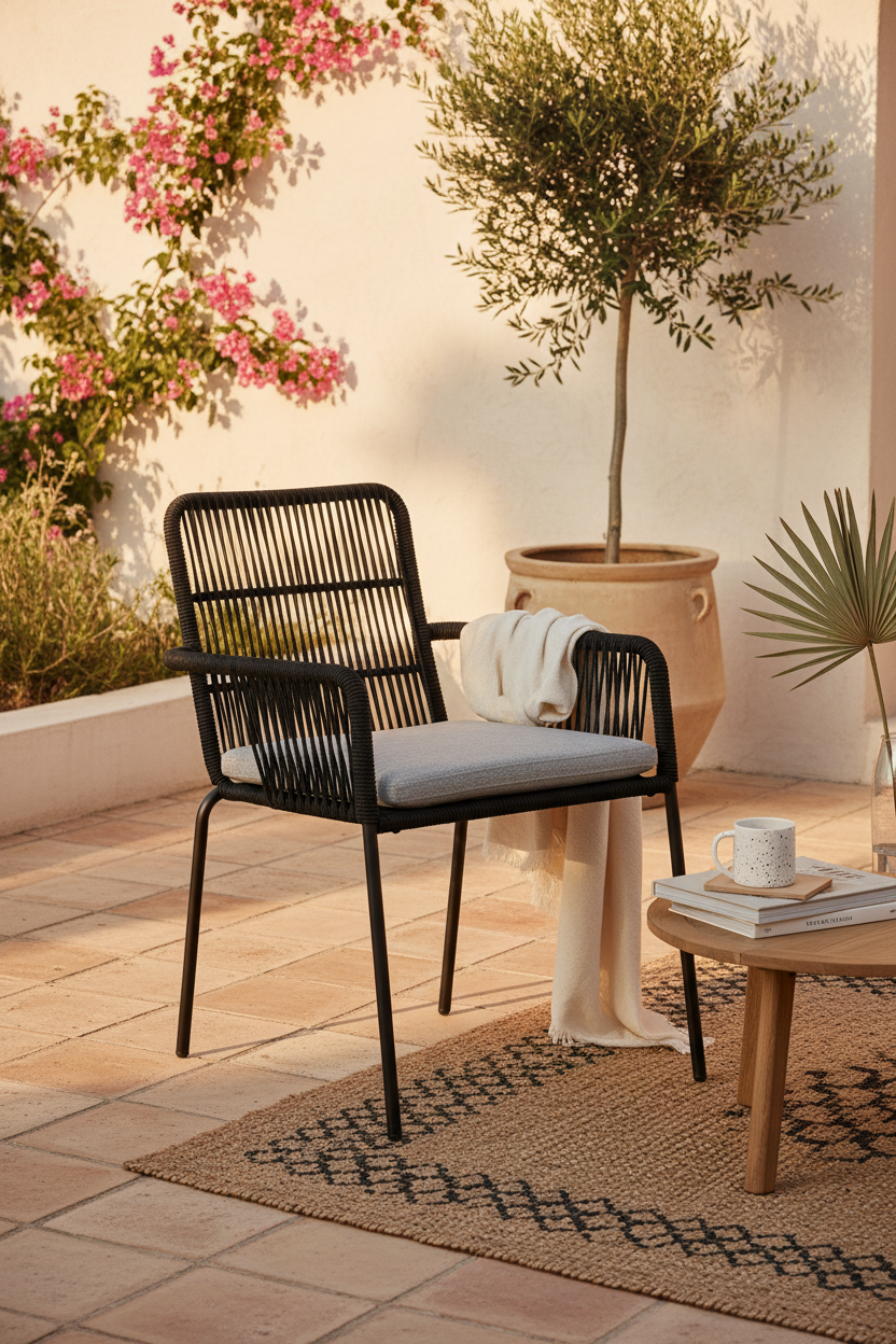 HANNAH STACKABLE CHAIR MADE FROM BLACK CORD AND GALVANISED STEEL LEGS