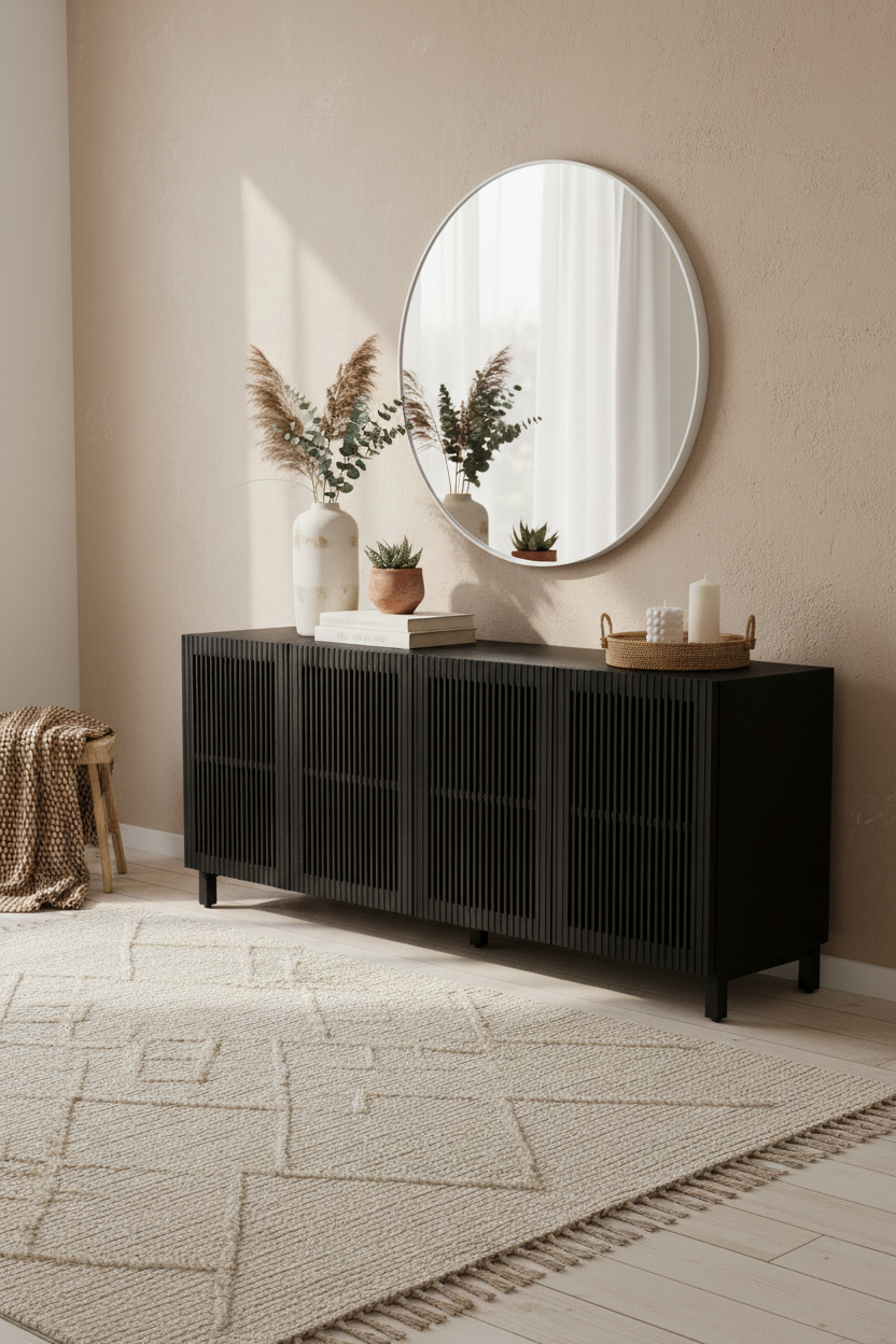 KIRA 4-DOOR SIDEBOARD IN BLACK SOLID OAK WOOD AND OAK VENEER