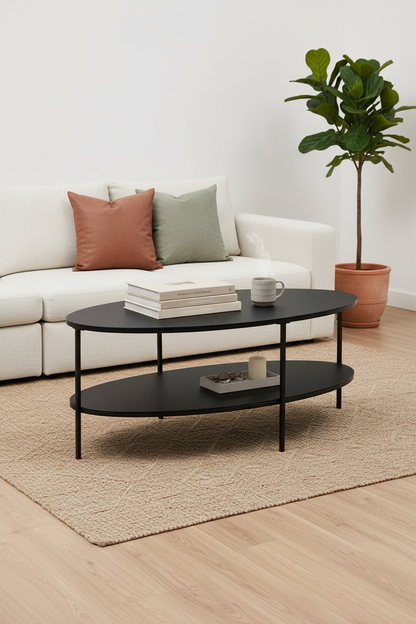 NOVA TEMPERED GLASS AND METAL COFFEE TABLE WITH A MATTE BLACK FINISH
