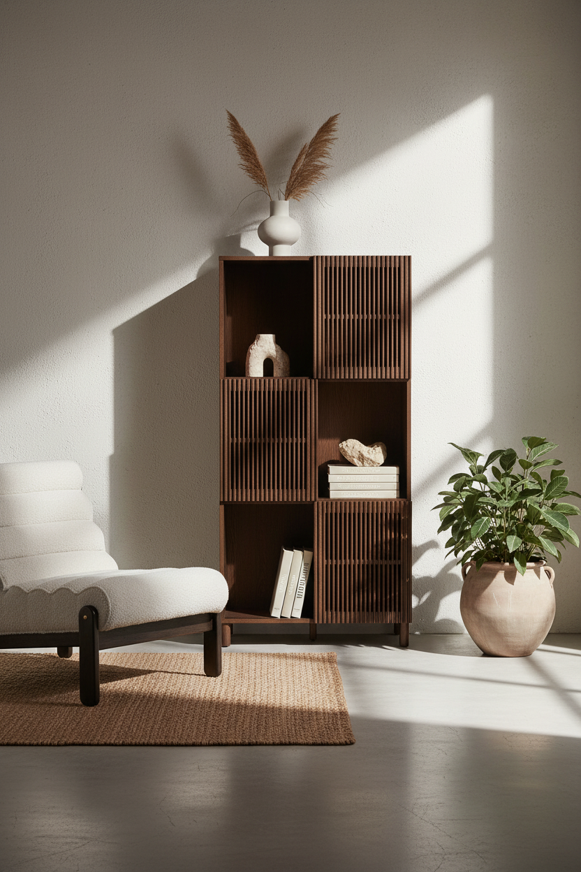 KIRA SHELF UNIT IN OAK VENEER AND SOLID OAK WOOD WITH WALNUT FINISH