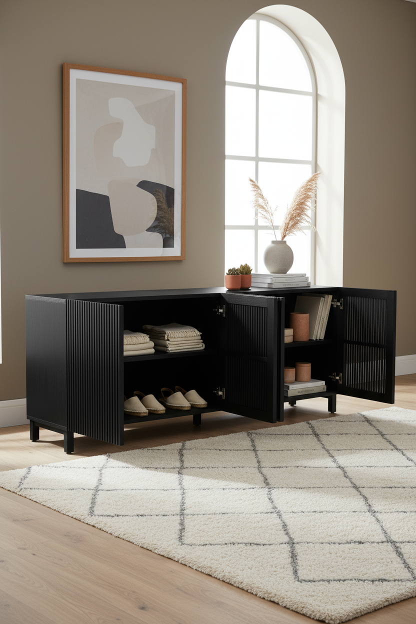 KIRA 4-DOOR SIDEBOARD IN BLACK SOLID OAK WOOD AND OAK VENEER