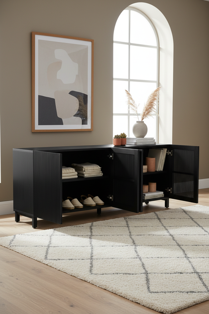 KIRA 4-DOOR SIDEBOARD IN BLACK SOLID OAK WOOD AND OAK VENEER