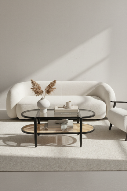 JOVIE COFFEE TABLE WITH TEMPERED GLASS AND NATURAL CANE