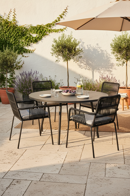 HANNAH STACKABLE CHAIR MADE FROM BLACK CORD AND GALVANISED STEEL LEGS