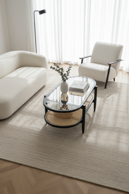 JOVIE COFFEE TABLE WITH TEMPERED GLASS AND NATURAL CANE